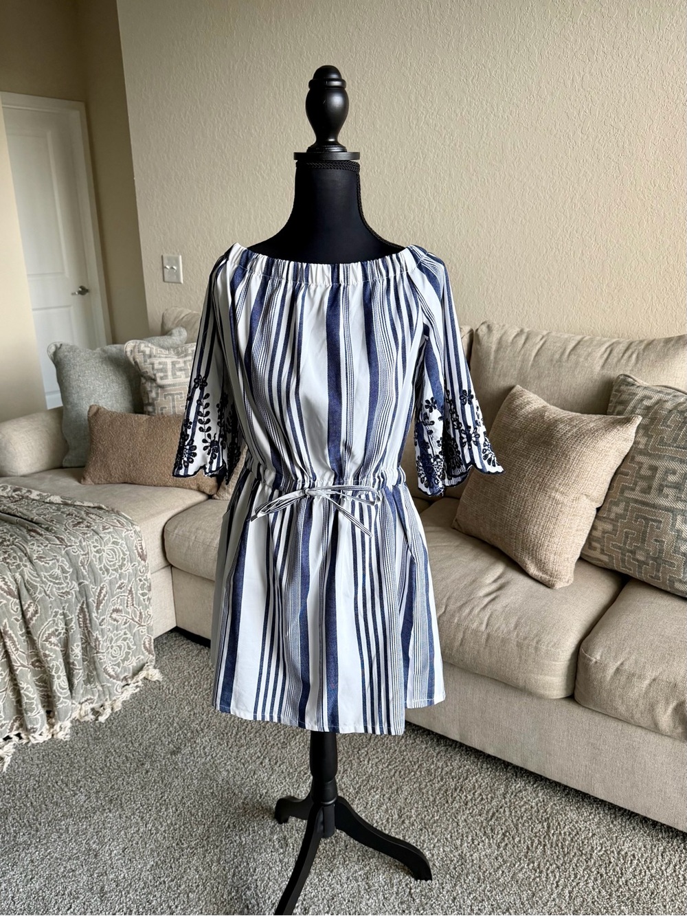 Striped Off-Shoulder Mini Dress with Embroidered Sleeves - Blue & White